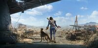Nora, mit ihrem treuen Begleiter Dogmeat, die ins Ödland wandert.